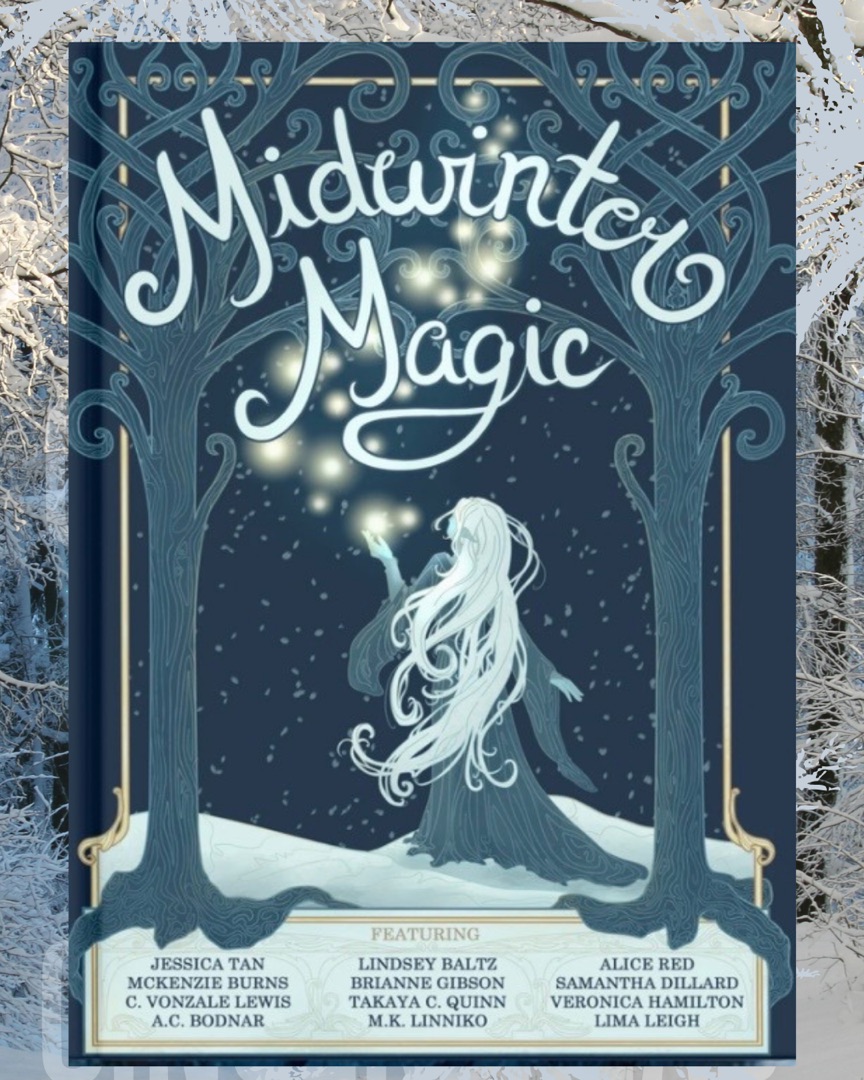 Midwinter Magic anthology cover: a white-haired witch casting light between two winter trees