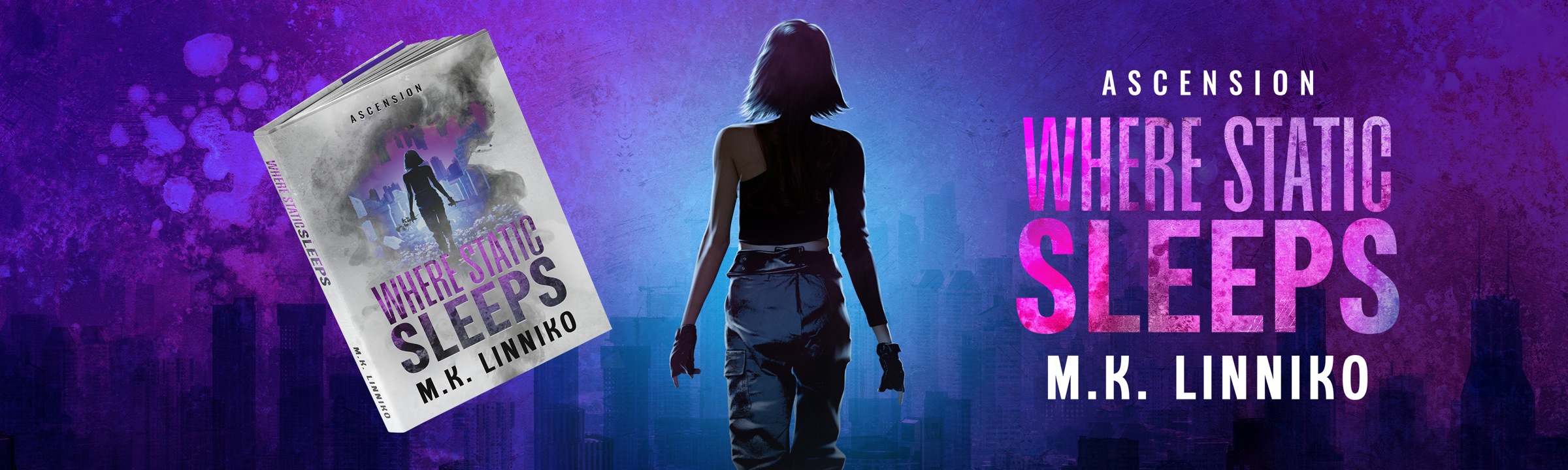 Maevie walking toward a violet city skyline