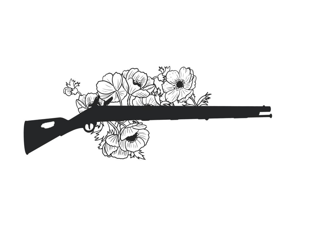 Line drawing of a rifle wrapped in flowers